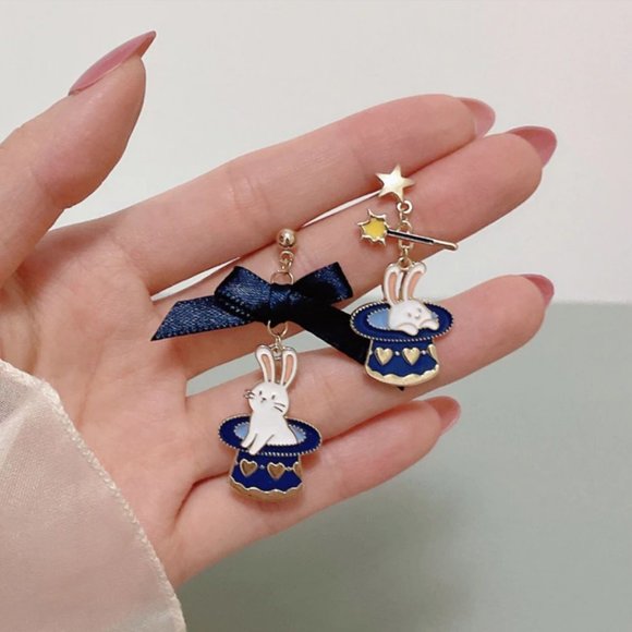 Blue Hat Bunny Earrings - Picture 3 of 5